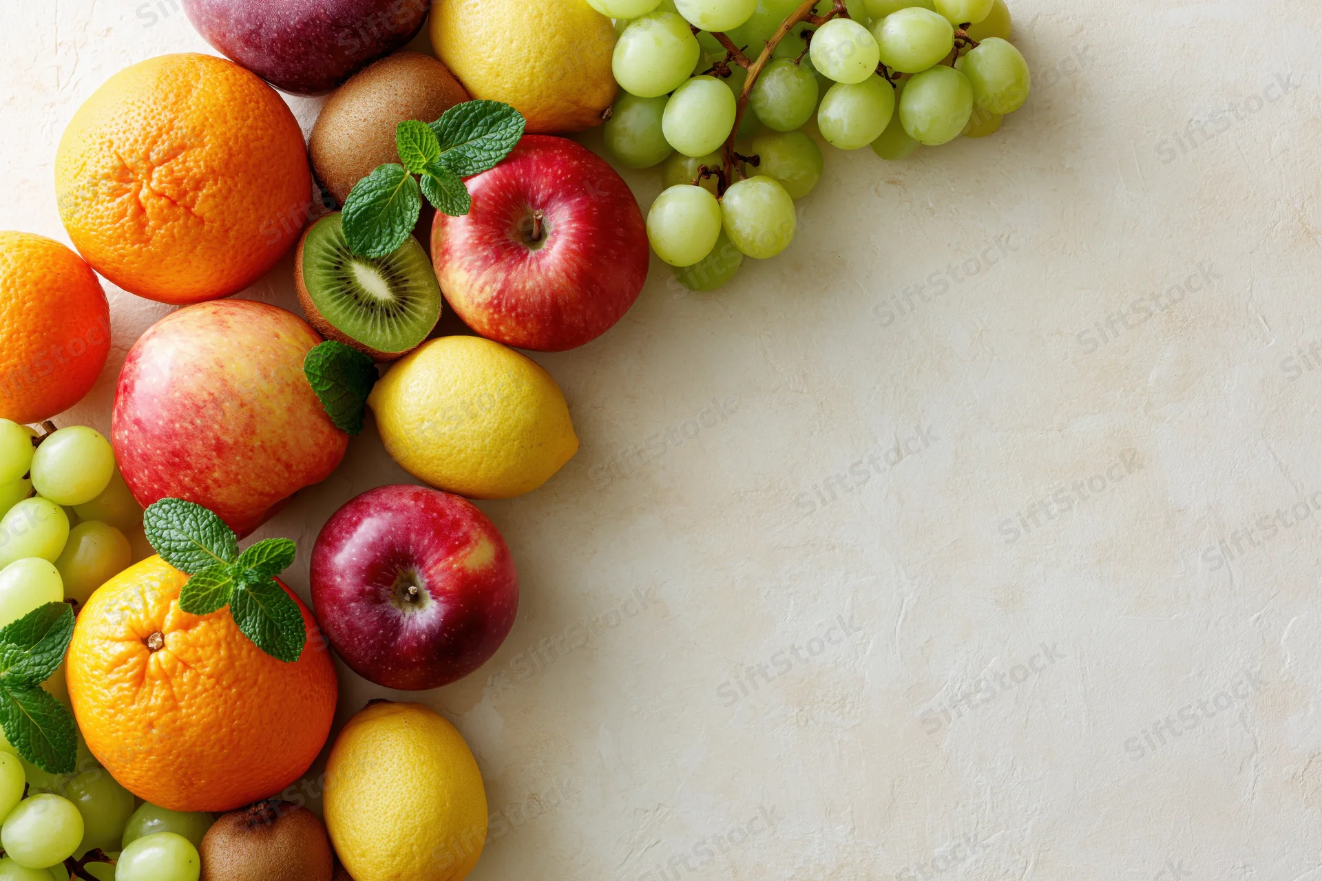 Assorted fresh fruits arranged in a corner on a light textured surface with copyspace