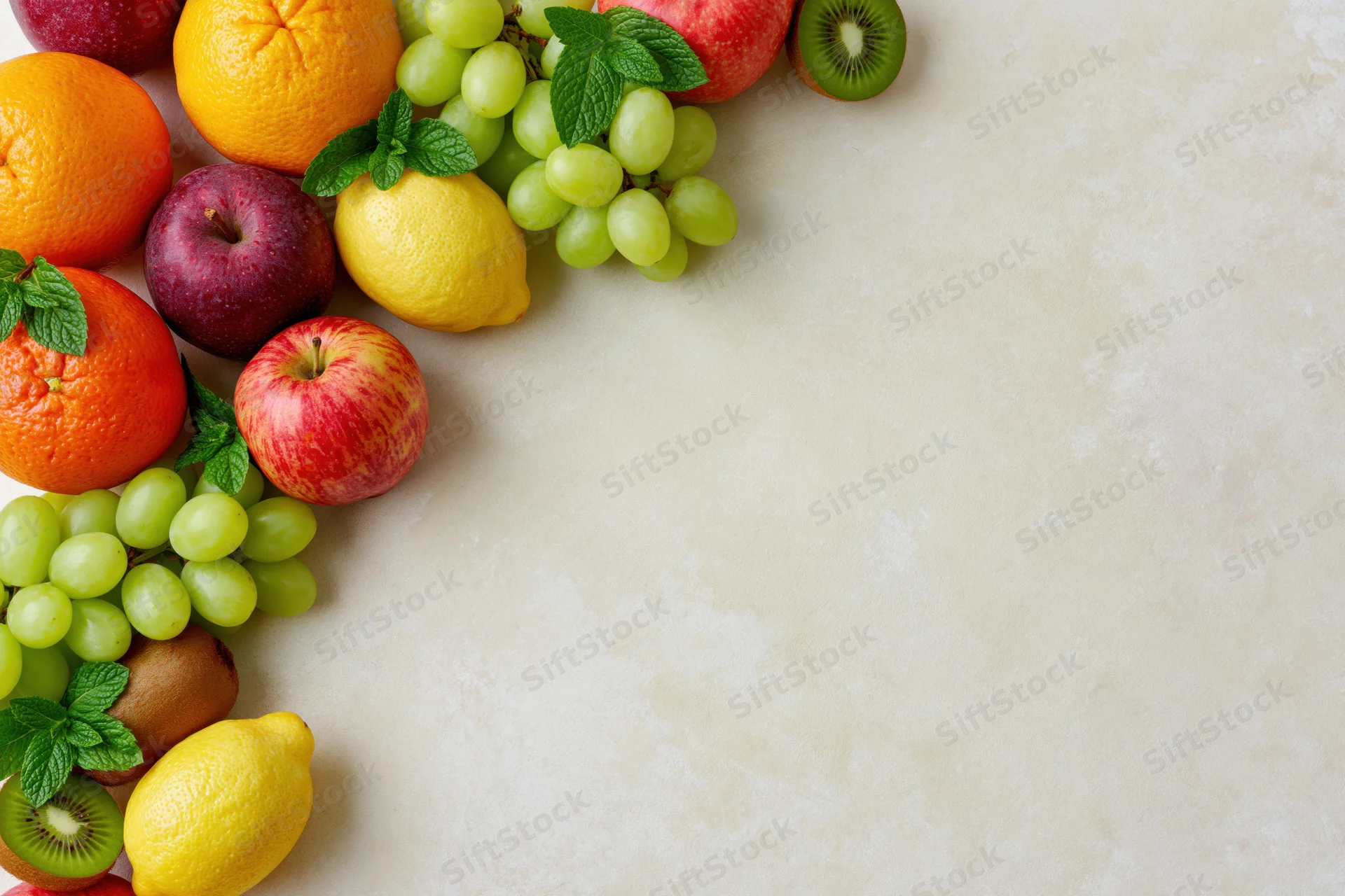 Assorted fresh fruits arranged in corner on light countertop with copyspace