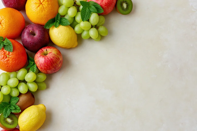 Assorted fresh fruits arranged in corner on light countertop with copyspace