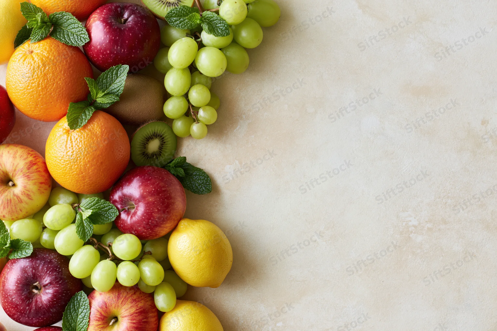 Assorted fresh fruits arranged in a border along the left side of a light beige surface