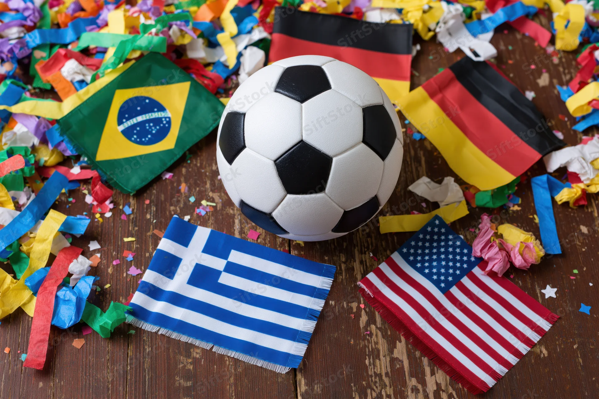 Soccerball resting on wooden table surrounded by flags and confetti
