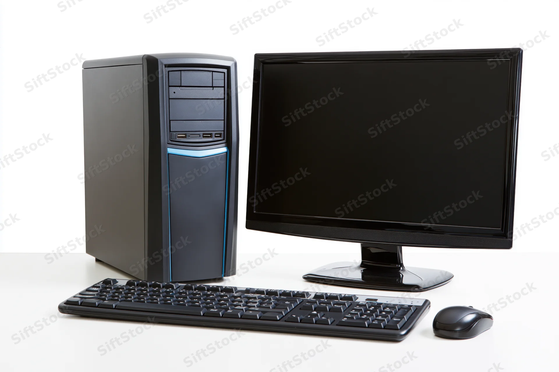Black desktop computer tower with blue accent stripe, monitor, keyboard and mouse on white surface