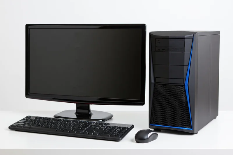 Black desktop computer tower with blue accent stripe, monitor, keyboard and mouse on white surface