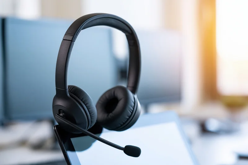 Black over-ear headset with boom microphone resting on laptop in office setting