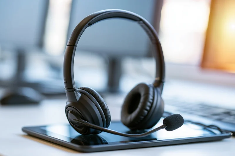 Black over-ear call center headset with boom microphone resting on tablet on office desk