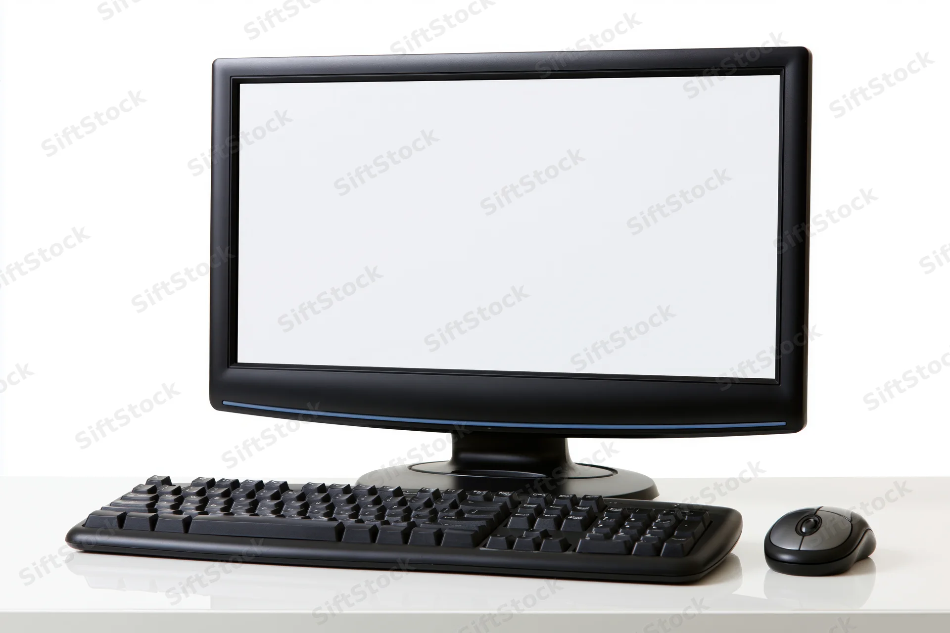 Black desktop computer monitor with blank white screen, keyboard and mouse on white desk