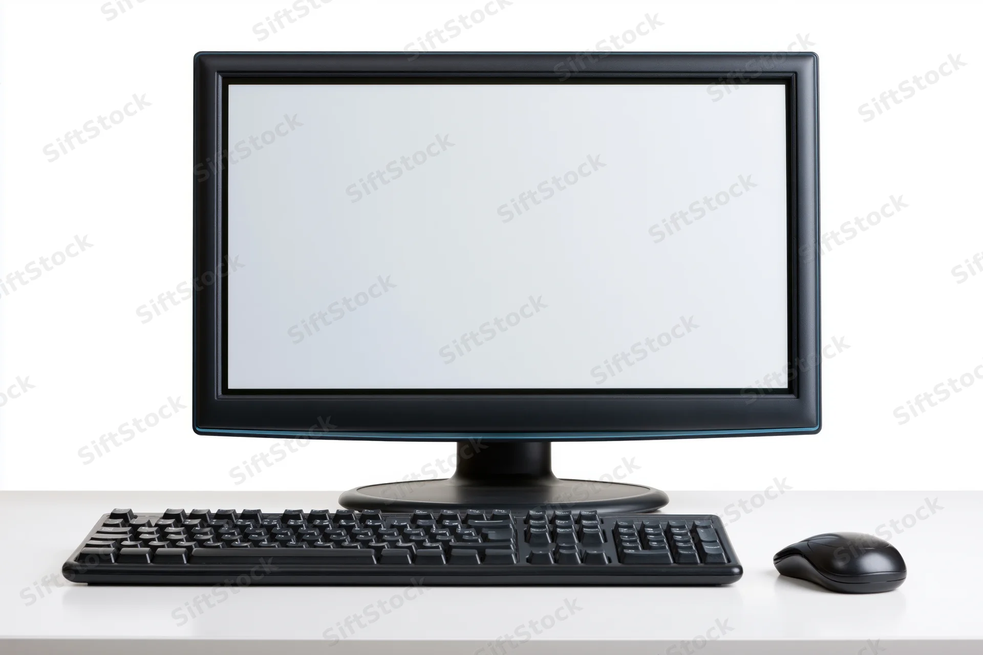 Black desktop computer monitor with blank white screen, keyboard and mouse on white desk