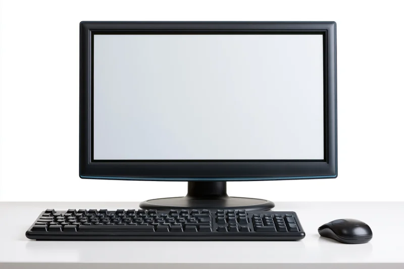 Black desktop computer monitor with blank white screen, keyboard and mouse on white desk