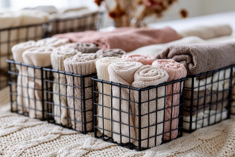 Black wire baskets filled with neatly rolled towels arranged on a knitted blanket in a home interior