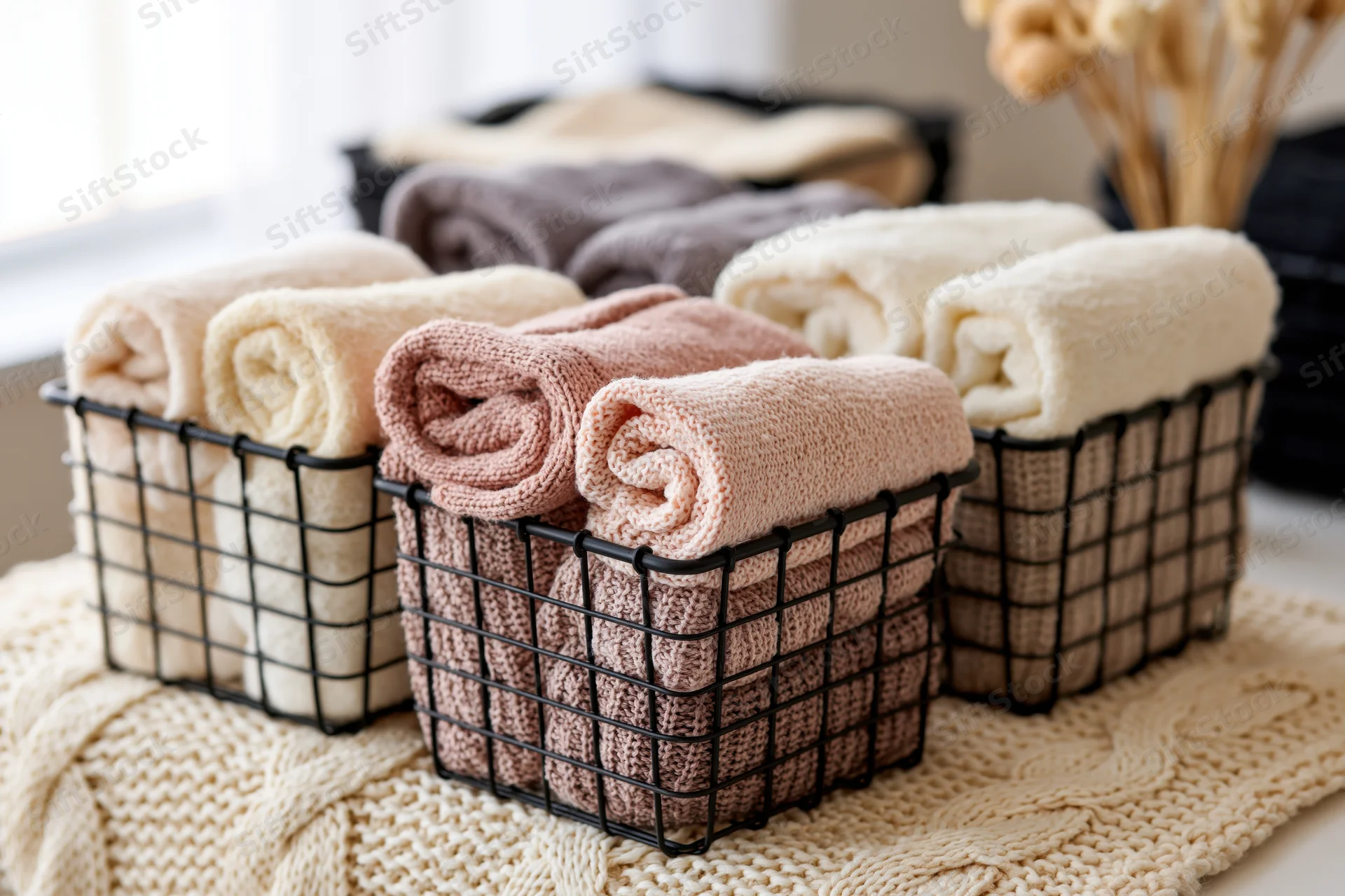 Rolled towels in black wire baskets arranged on a knitted blanket in a bathroom setting