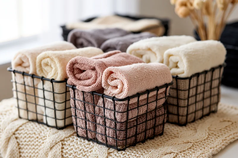Rolled towels in black wire baskets arranged on a knitted blanket in a bathroom setting