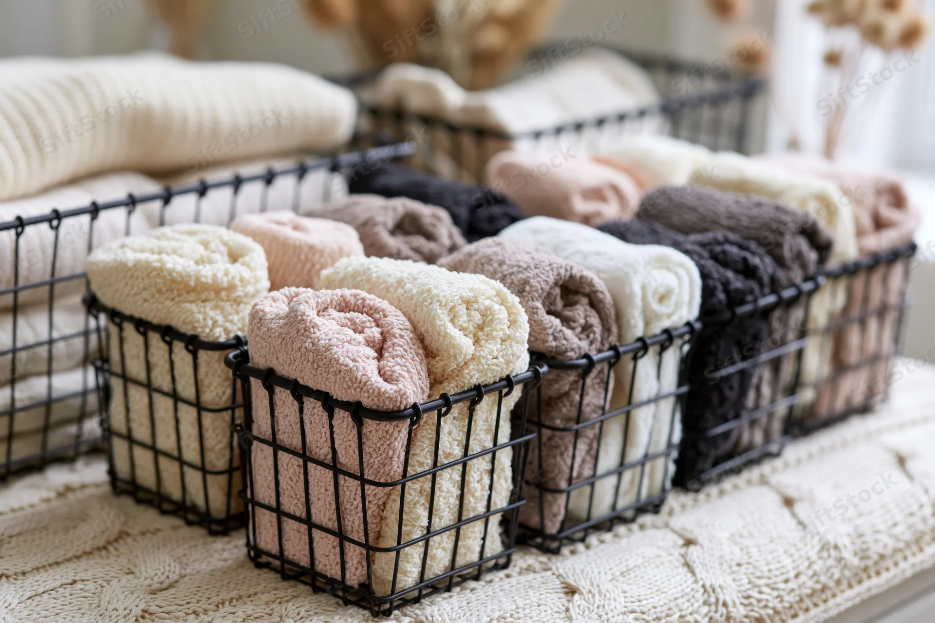 Black wire baskets filled with neatly rolled towels arranged on a knitted surface