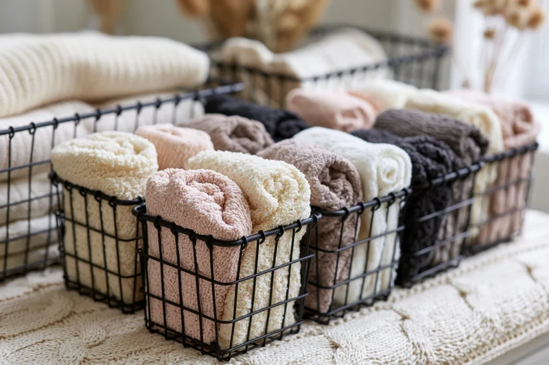 Black wire baskets filled with neatly rolled towels arranged on a knitted surface