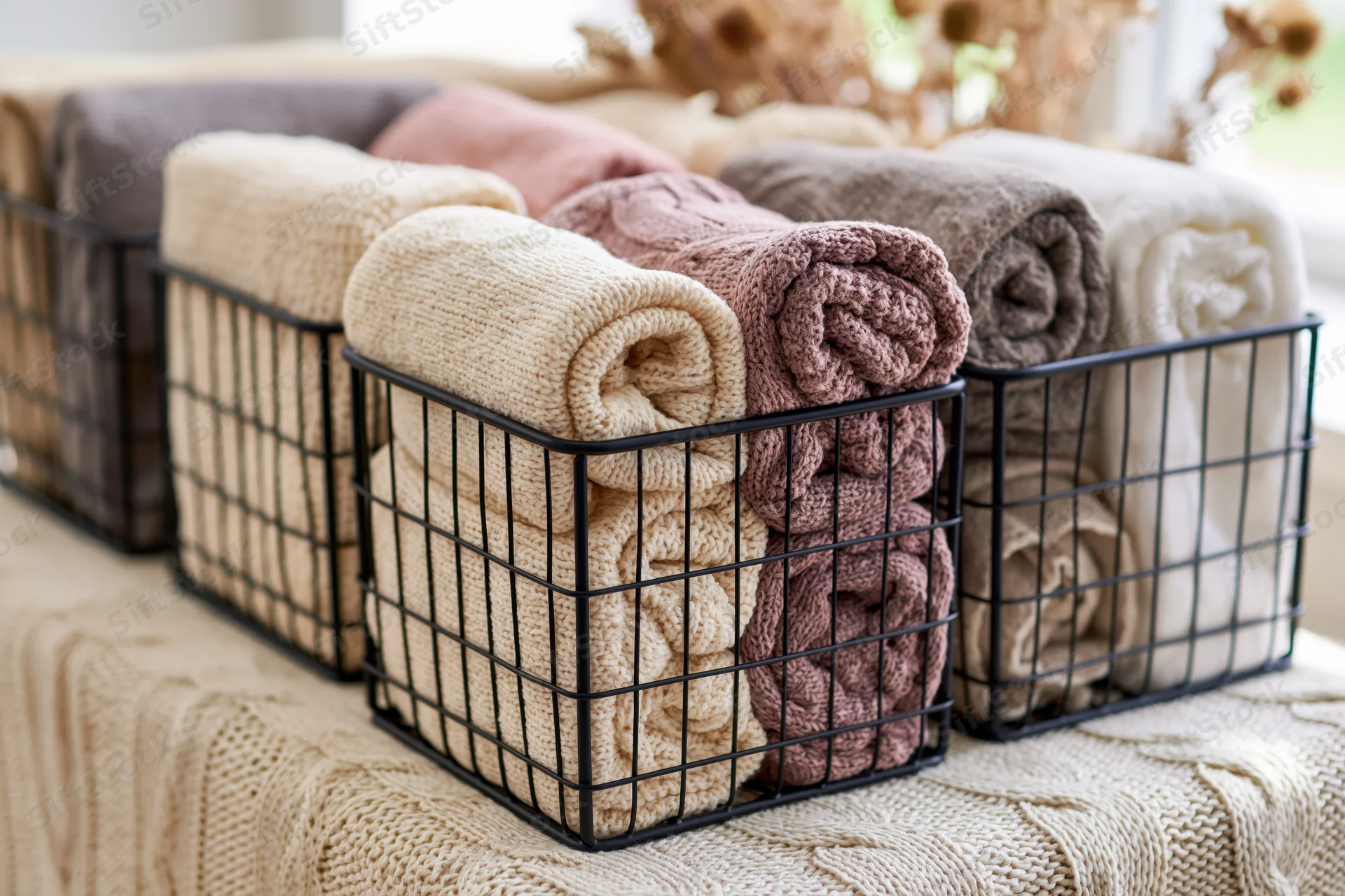 Black wire baskets filled with neatly rolled knit towels arranged on a textured fabric surface
