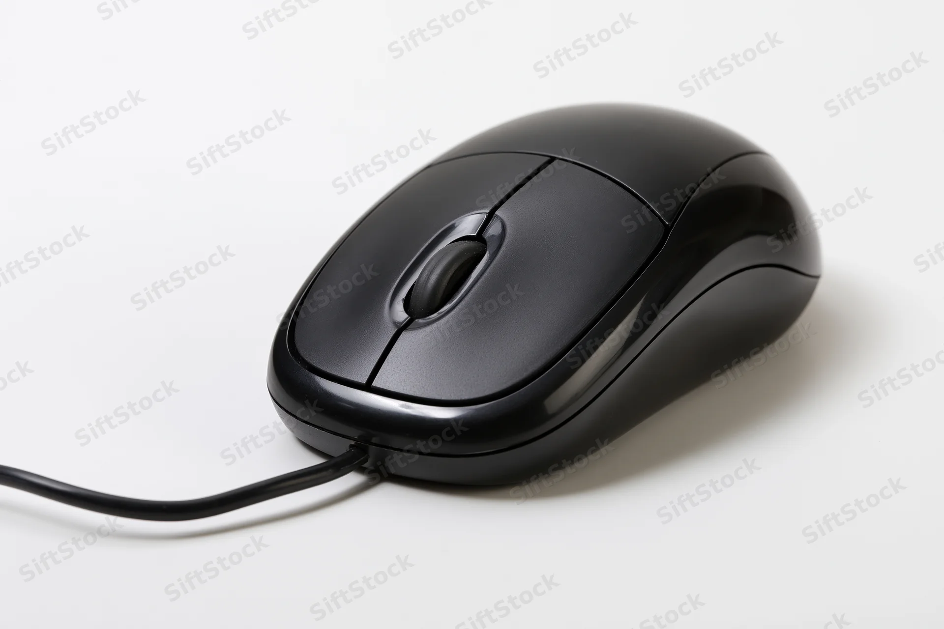 Black wired computer mouse with scroll wheel on white surface
