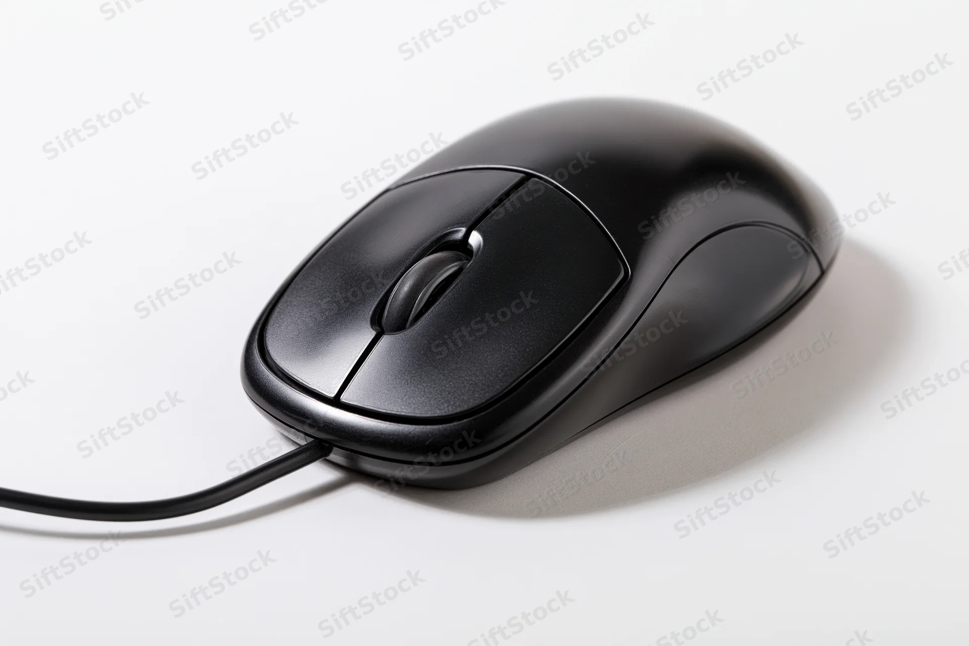 Black wired computer mouse with scroll wheel on white surface