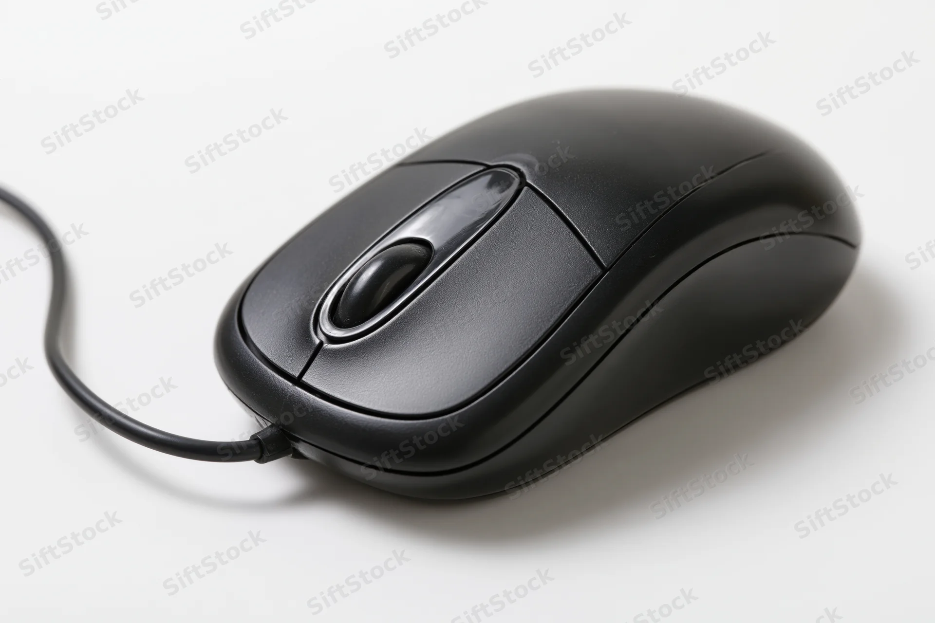 Black wired computer mouse with scroll wheel on white surface