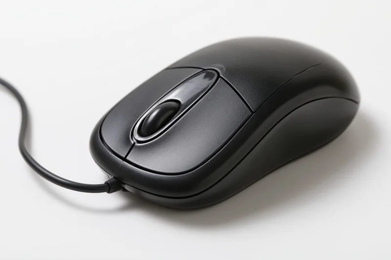 Black wired computer mouse with scroll wheel on white surface