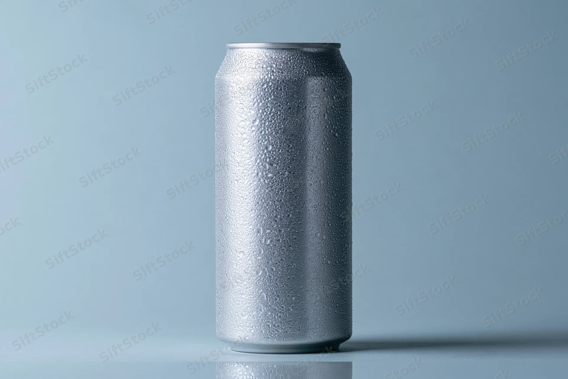 Aluminum beverage can covered in condensation droplets on a light blue background