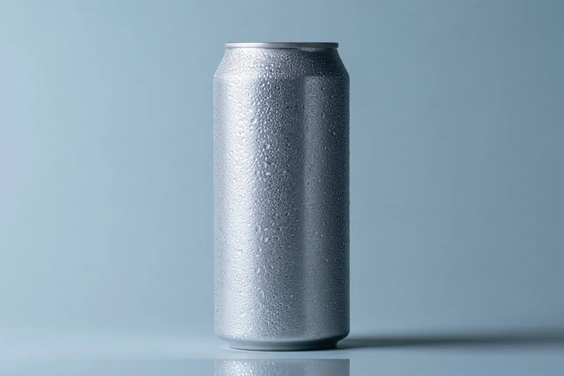 Aluminum beverage can covered in condensation droplets on a light blue background
