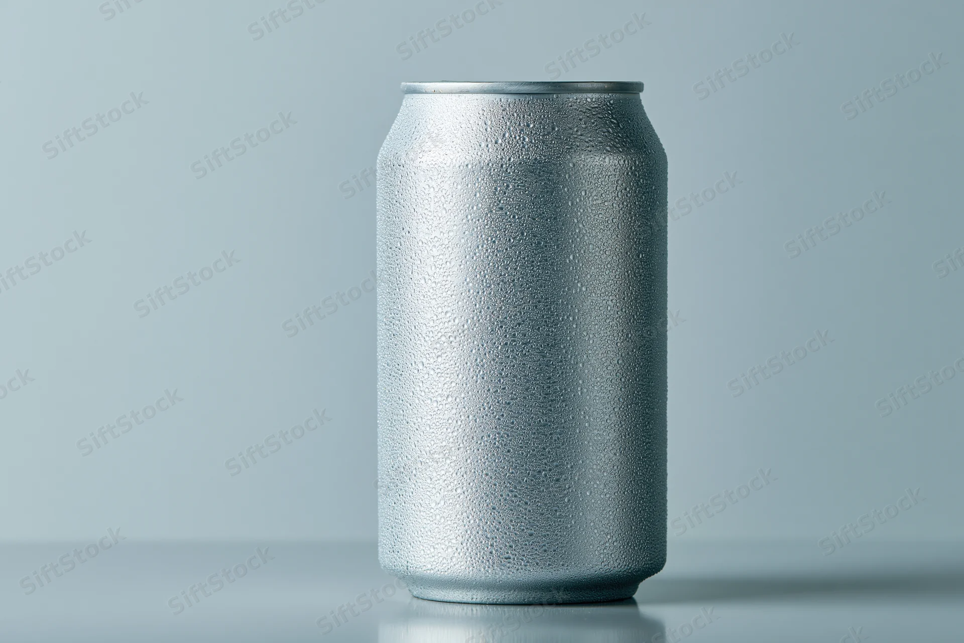 Aluminum beverage can covered in condensation droplets on a plain surface