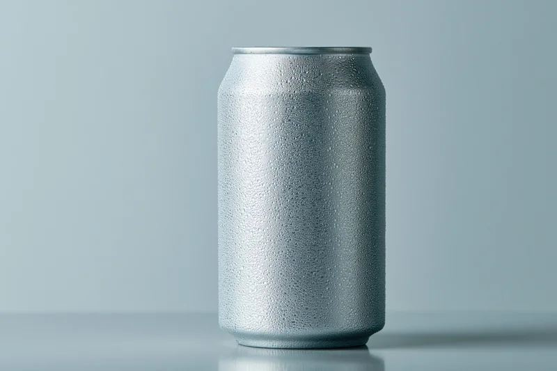 Aluminum beverage can covered in condensation droplets on a plain surface