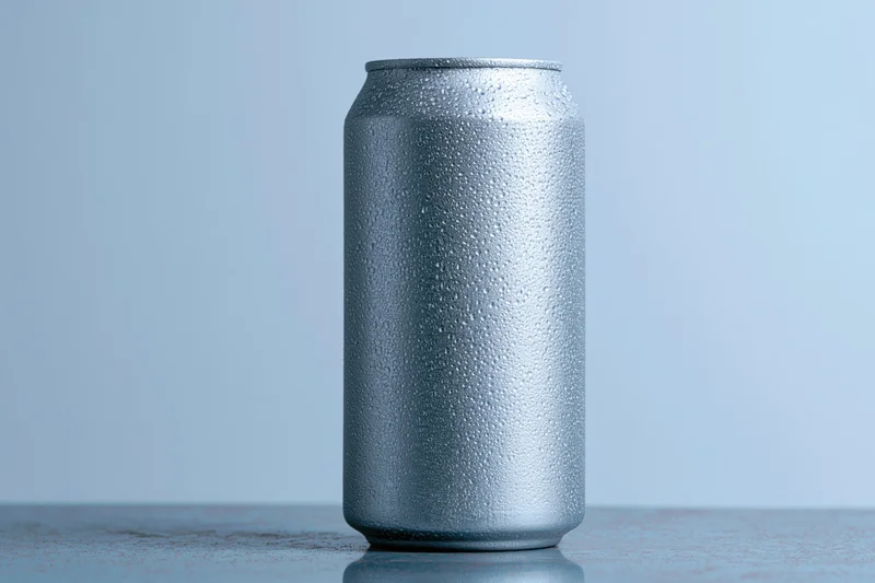 Aluminum beverage can covered in condensation droplets on a reflective surface