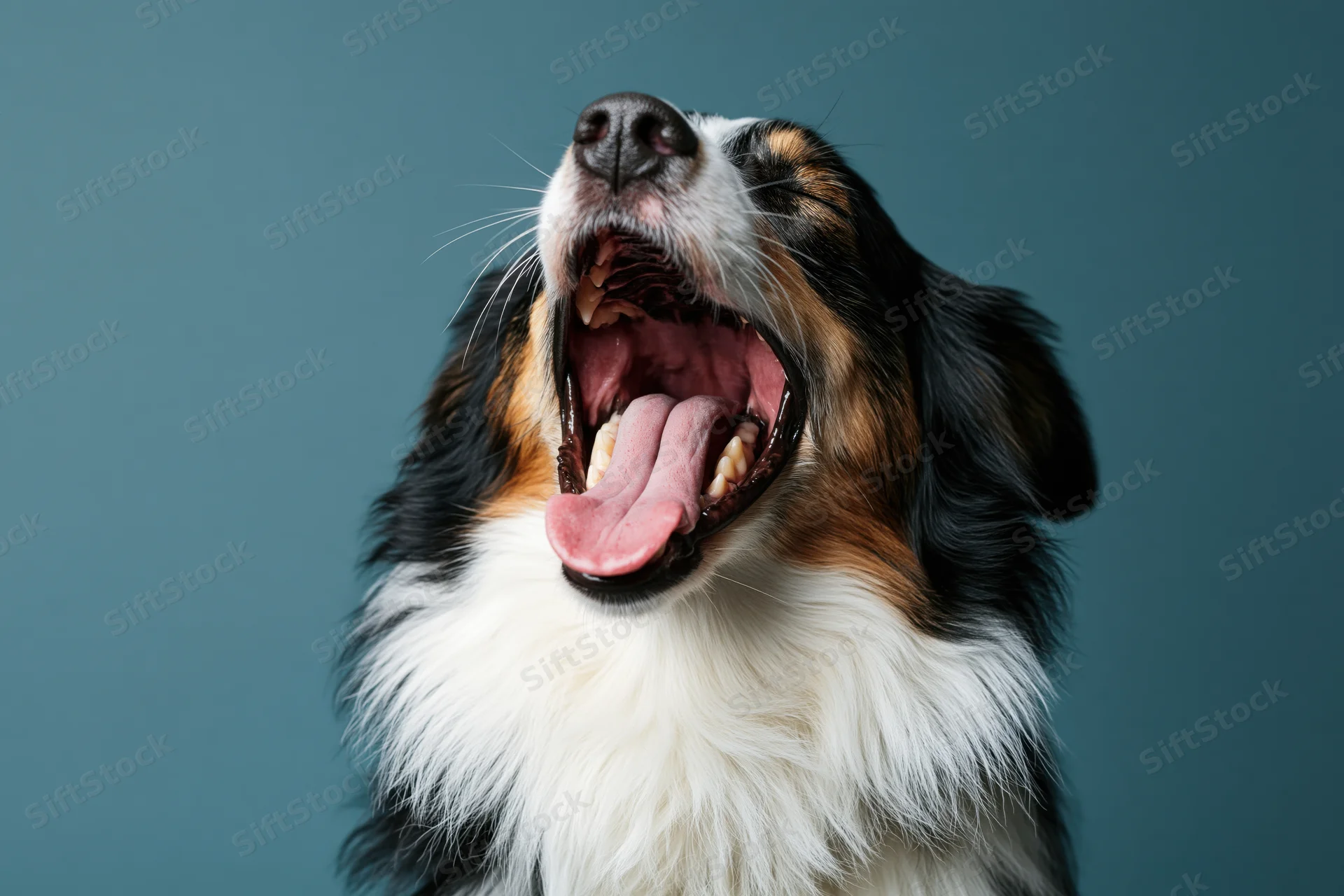 Border collie yawning with mouth wide open and eyes closed against a blue background