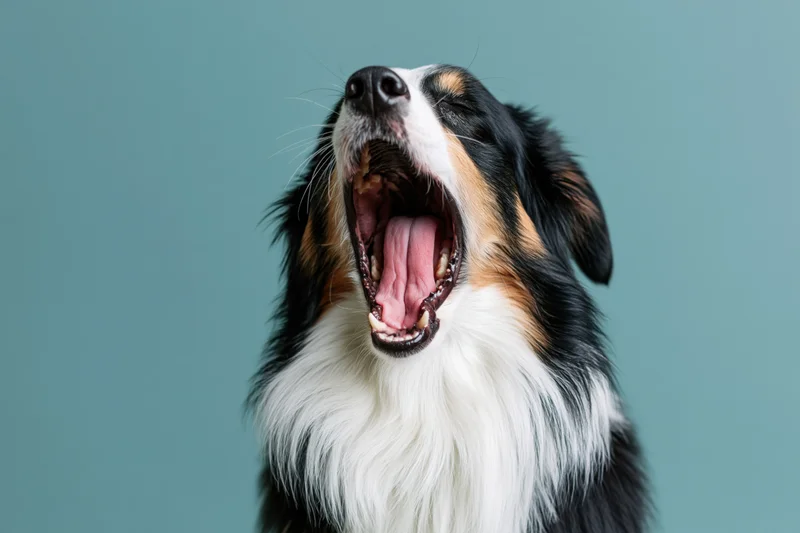 Border collie yawning with mouth wide open and eyes closed against a blue background