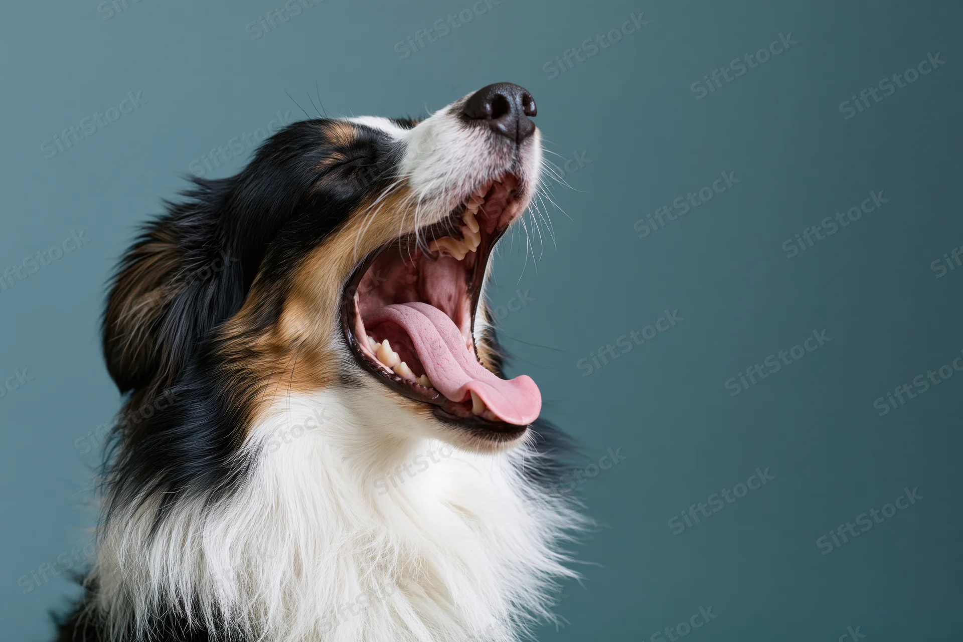 Border collie yawning with mouth wide open and eyes closed against a solid background