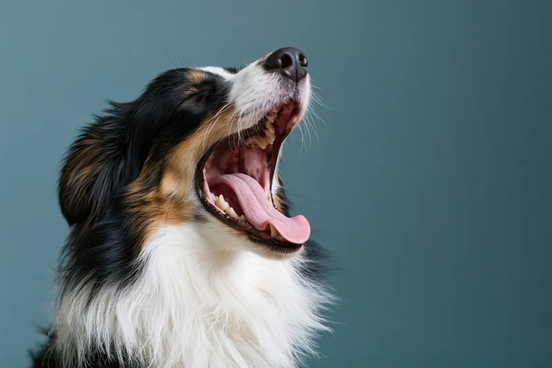 Border collie yawning with mouth wide open and eyes closed against a solid background