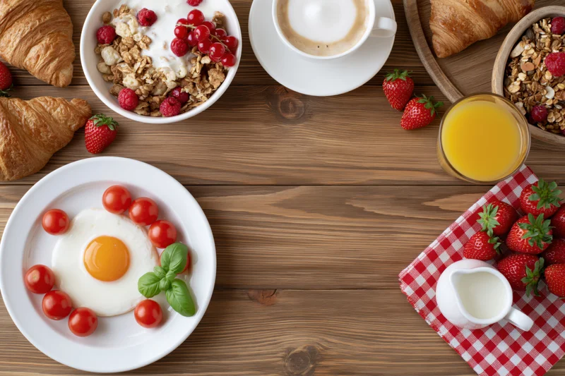 Breakfast spread arranged around empty wooden table center with copyspace