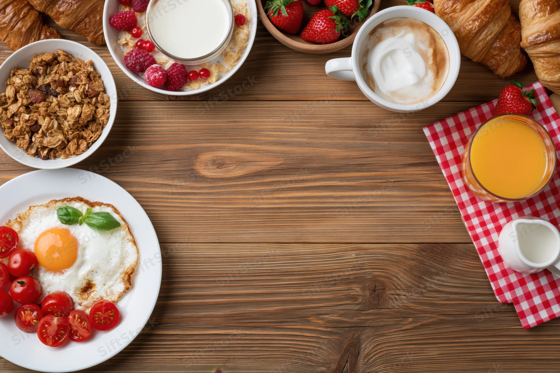 Breakfast spread arranged around empty wooden table center with copyspace