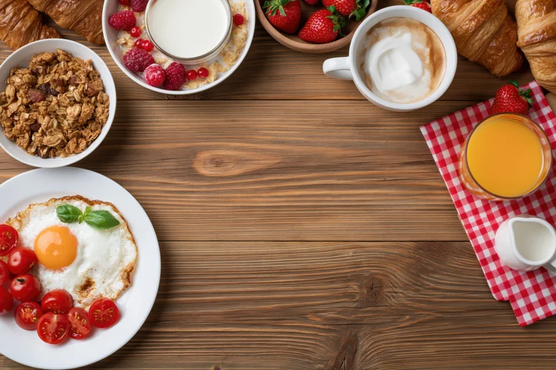 Breakfast spread arranged around empty wooden table center with copyspace