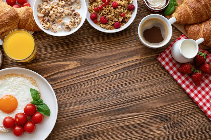 Breakfast spread arranged around empty wooden table center with copyspace