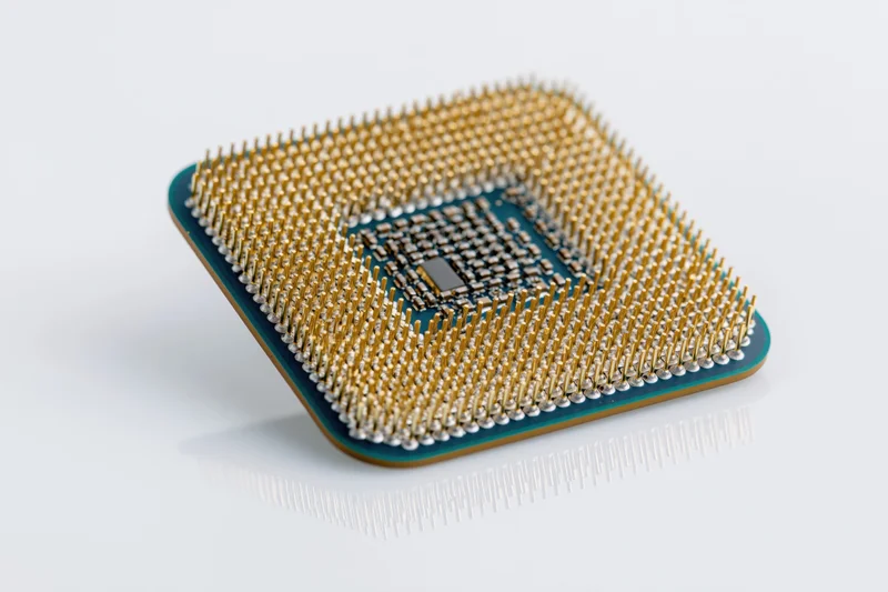 Cpu processor chip with gold pins viewed from below on white surface