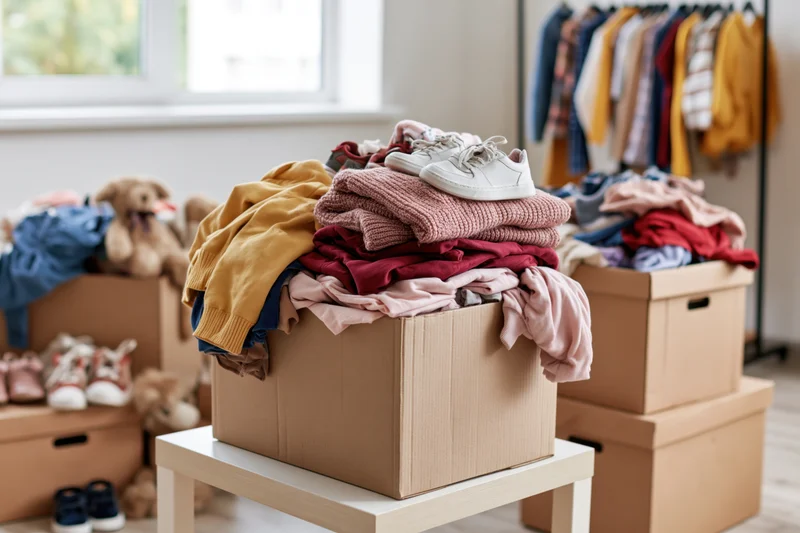 Cardboard boxes filled with children's clothing and shoes for donation in a home setting