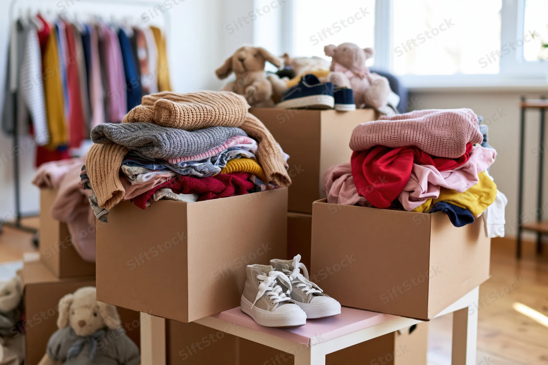 Cardboard boxes filled with childrens clothing and shoes for donation in a home setting