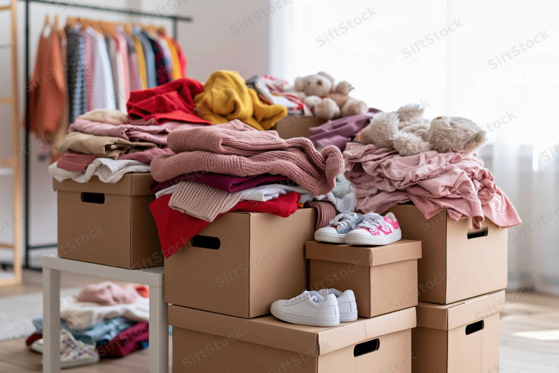 Cardboard boxes filled with childrens clothing and shoes stacked in a home closet for donation
