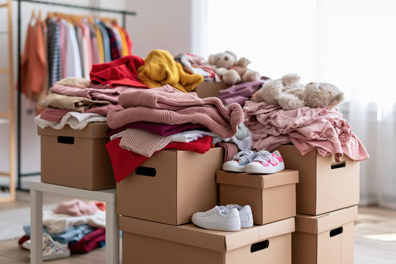 Cardboard boxes filled with childrens clothing and shoes stacked in a home closet for donation