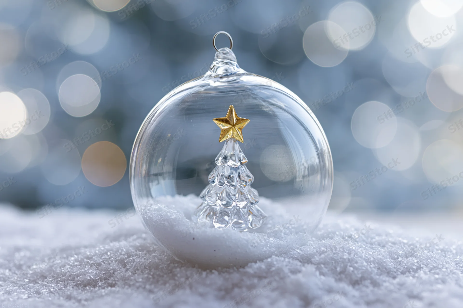 Clear glass christmas ornament with crystal tree and golden star sitting in snow against blurred lights