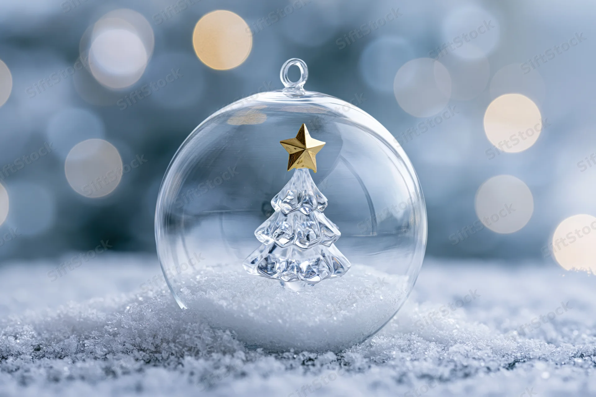 Clear glass christmas ornament with crystal tree and golden star resting on snow with bokeh lights in background