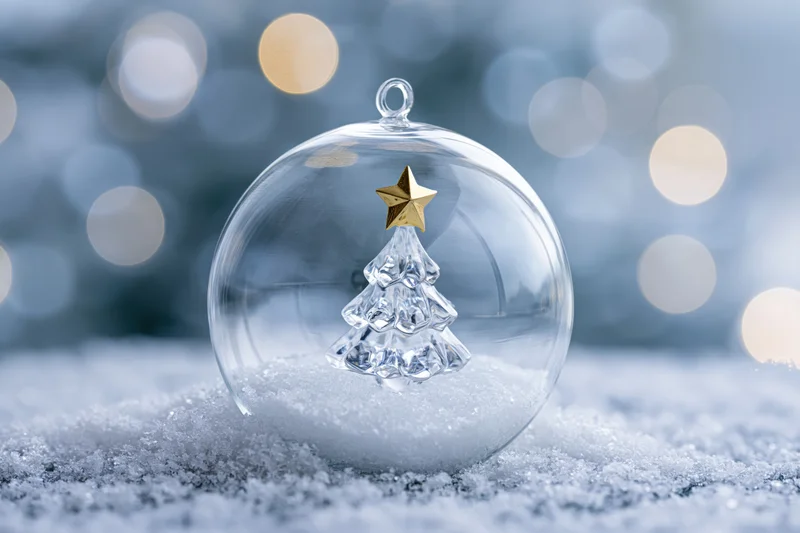 Clear glass christmas ornament with crystal tree and golden star resting on snow with bokeh lights in background