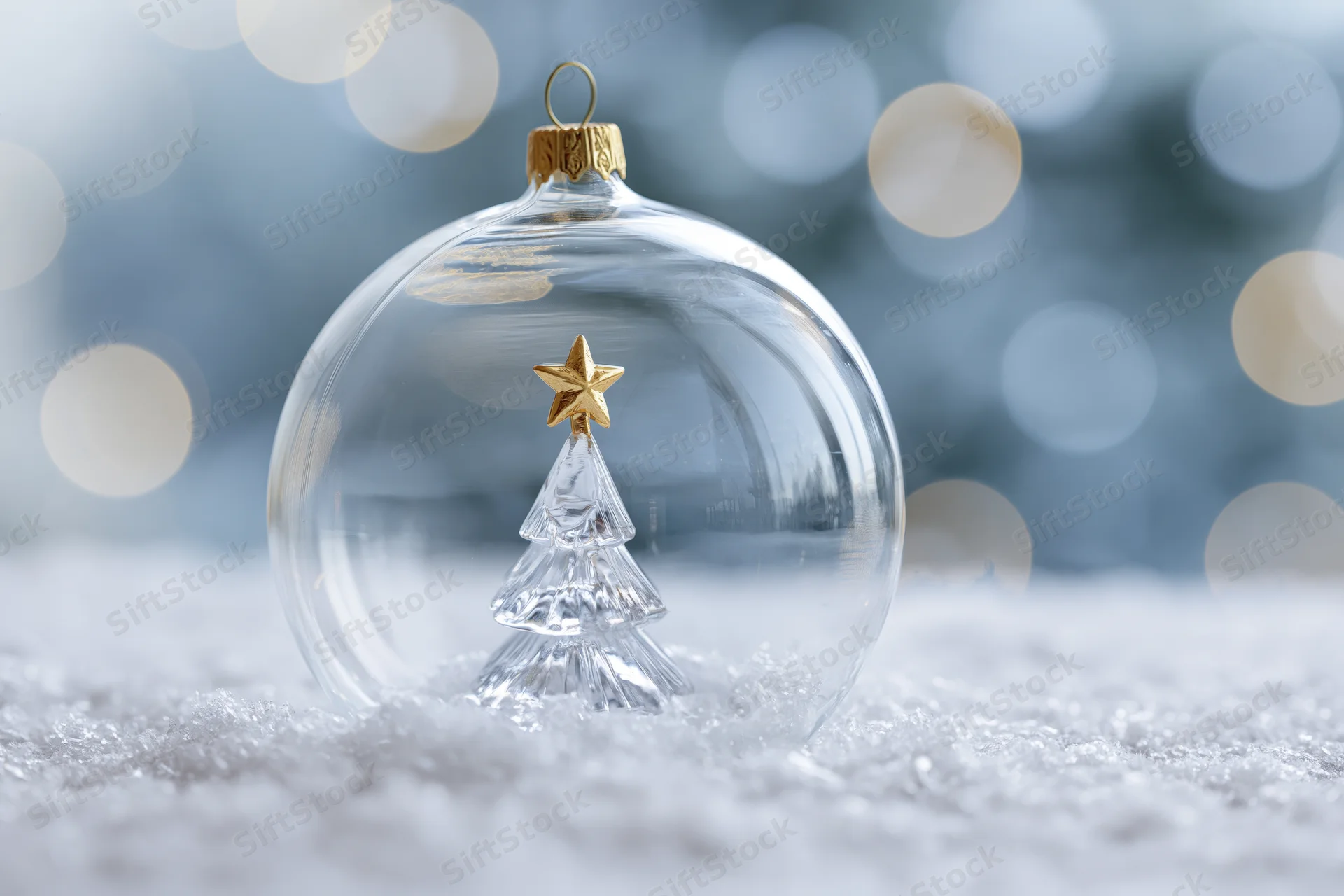 Clear glass christmas ornament with tiny tree and golden star resting on snow with blurred lights behind