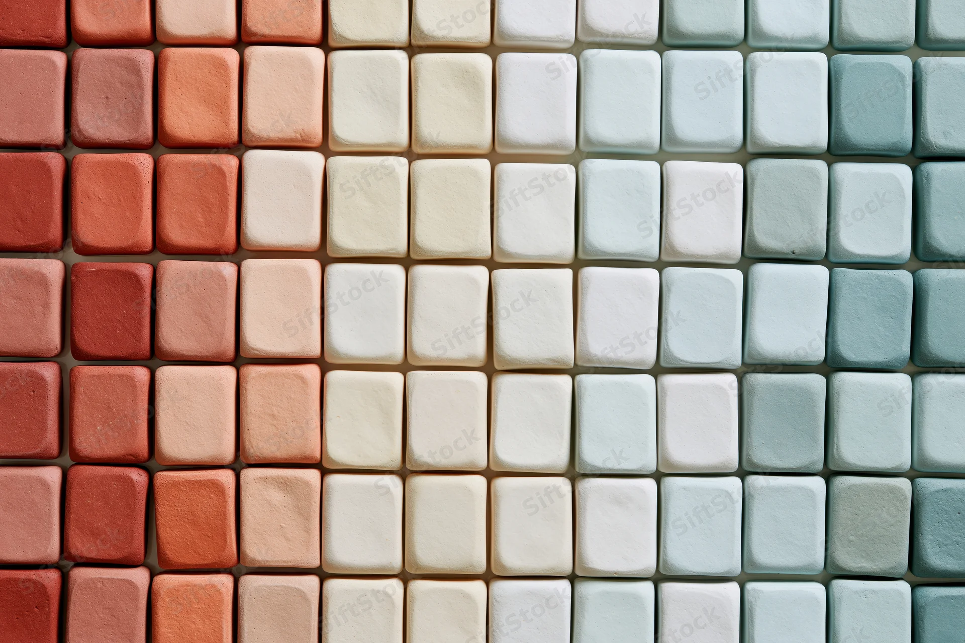 Grid of small rounded square ceramic tiles arranged in rows of pastel and earth tones, flat lay view