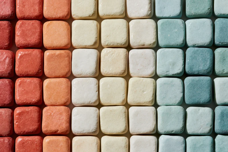 Grid of small rounded square ceramic tiles arranged in rows of red, orange, beige, white and blue hues in a flat lay overhead view