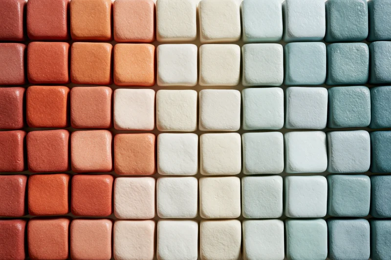 Grid of small rounded square ceramic tiles arranged in color gradient from orange to blue