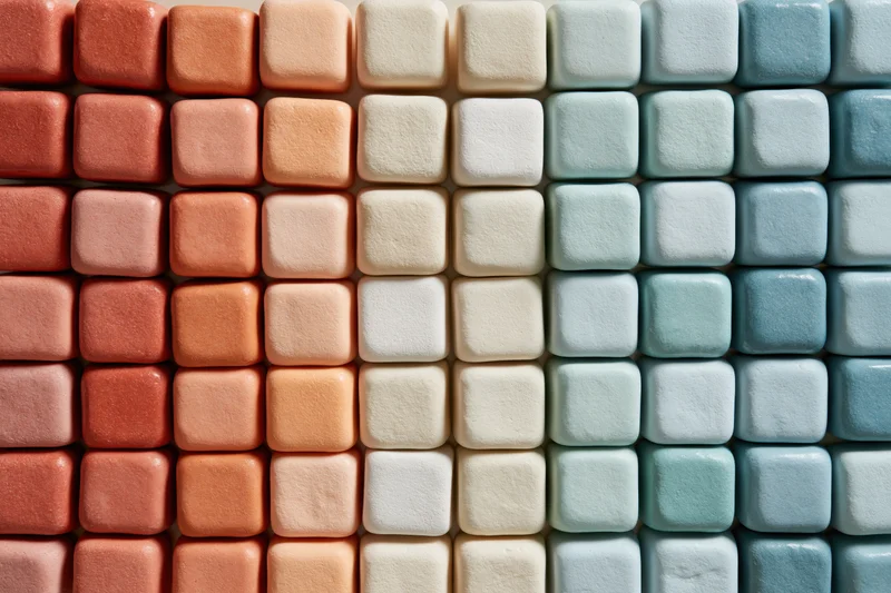 Grid of small rounded square ceramic tiles arranged in rows of pastel colors from orange to blue