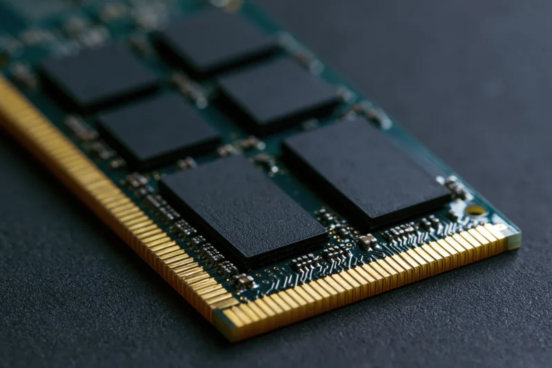 Close-up of a ddr ram memory module lying flat on a dark surface