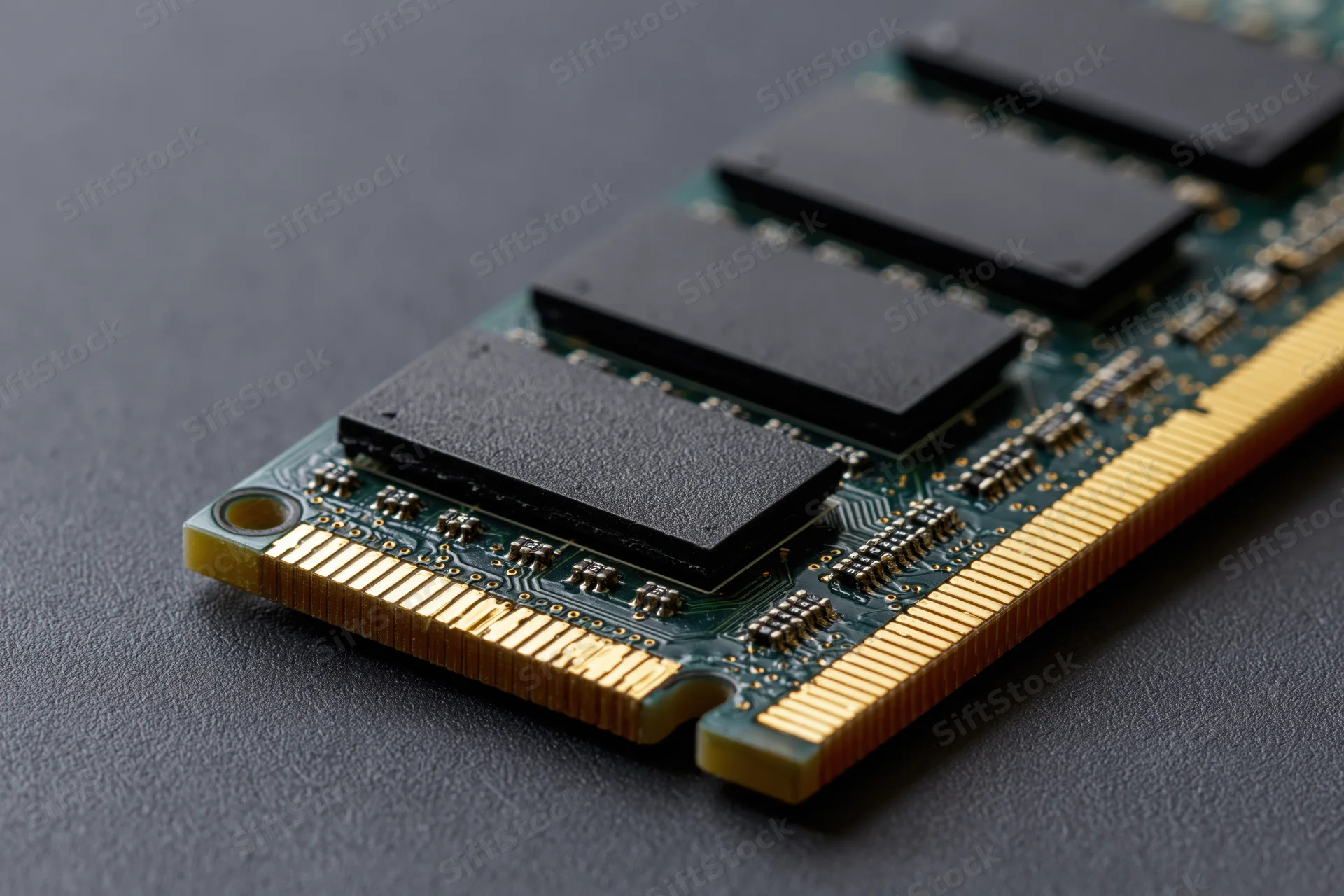 Close-up of a ddr ram memory module lying flat on a dark surface